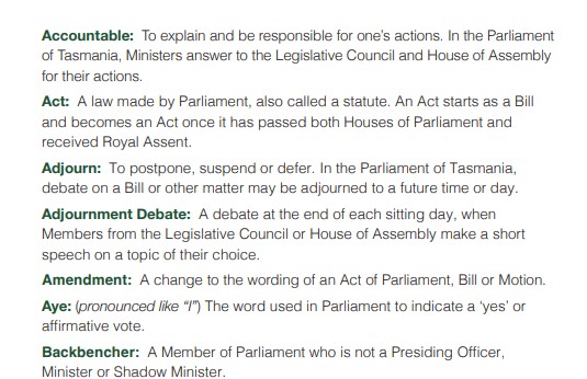 Snippet from a glossary of parliamentary terms