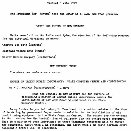 Excerpt from the Hansard of 5 June 1979 showing the start of the day