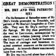 News article with the headline 'Mr Dry and the Patriotic Six!' from the Hobart Town Advertiser, 12 December 1845