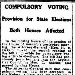 News article with the headline 'Compulsory voting: Provision for state elections' from The Mercury Friday 21 December 1928