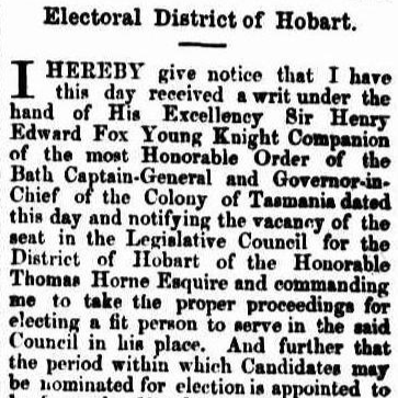 Newspaper clipping from May 1860 for election for the Legislative Council seat of Hobart