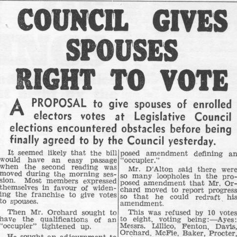 Clip from The Mercury newspaper, December 1954 with headline 'Council gives spouses right to vote'