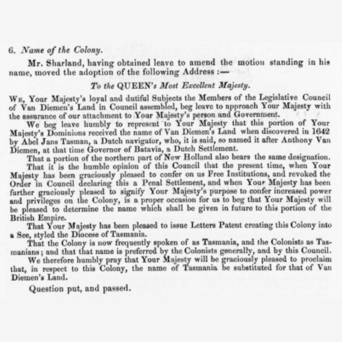 Motion in the Legislative Council to request a change of name from Van Diemen's Land to Tasmania